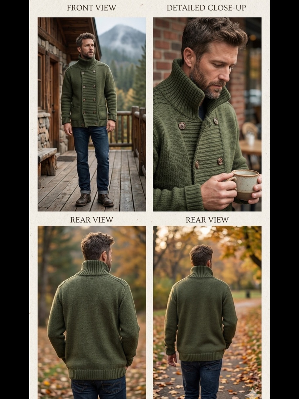 Men's Olive Green Double-Breasted High-Collar Cardigan Sweater